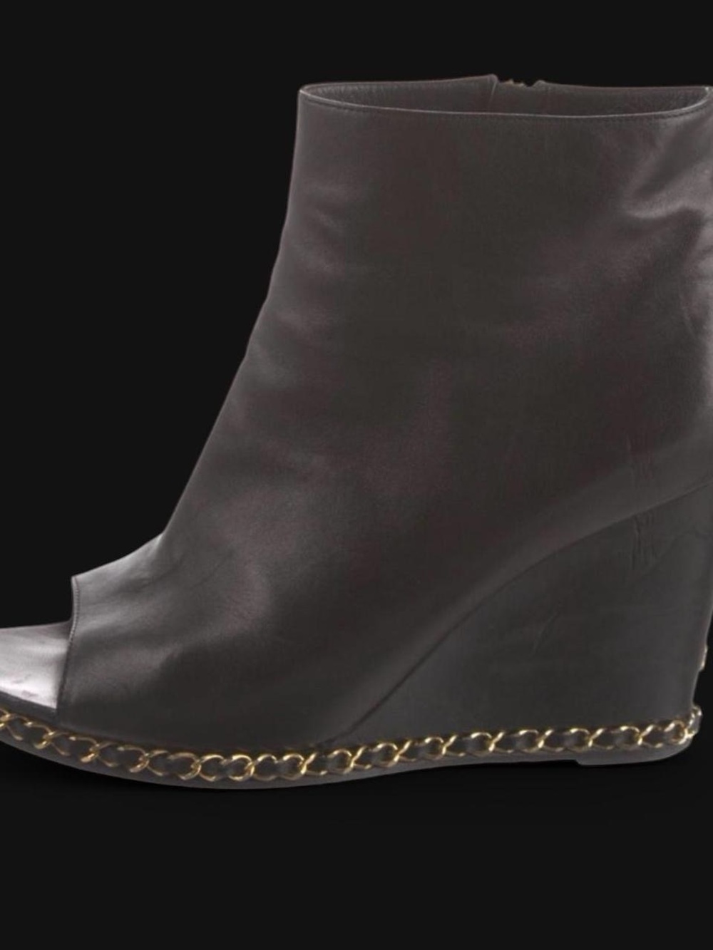 CHANEL Black Leather Open-Toe Wedge Booties with Gold Chain Accent